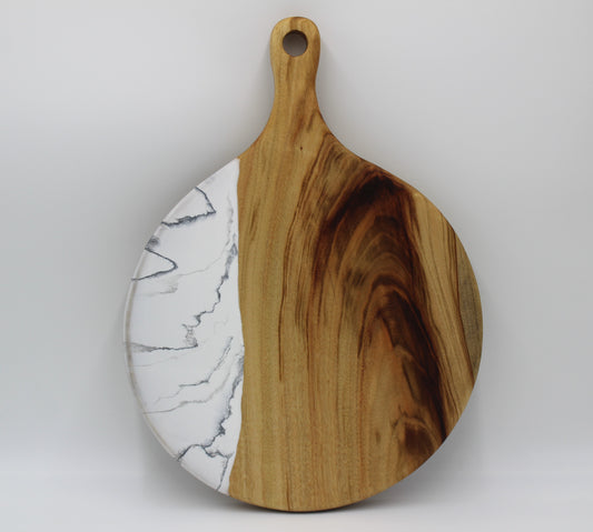 White Marble Resin Art - Round Serving Board